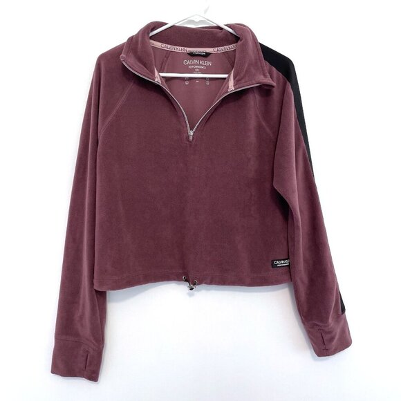 CALVIN KLEIN PERFORMANCE Half Zip Logo Top Purple Fleece 1/2 Zip Crop Sweatshirt - Picture 2 of 15